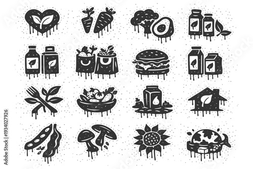 Eco-friendly food and sustainability icons featuring vegetables and recycling symbols.