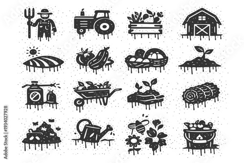 Rustic farming icons collection depicting farmer, tools, crops, and barn.