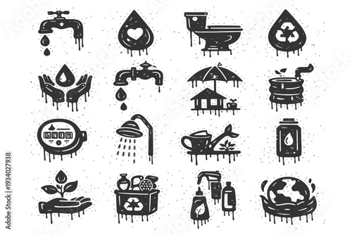 Eco-friendly water conservation icons featuring recycling and sustainability concepts.