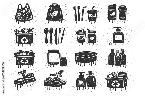 Eco-friendly icons: reusable products and zero waste lifestyle illustrations.