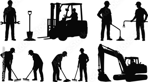 Industrial worker and machinery silhouettes set, forklift excavator maintenance labor construction equipment vector illustration collection
