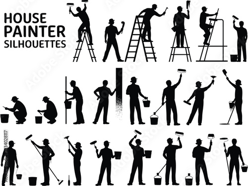House painter silhouette collection, professional workers painting walls with rollers and ladders isolated on white background vector set
