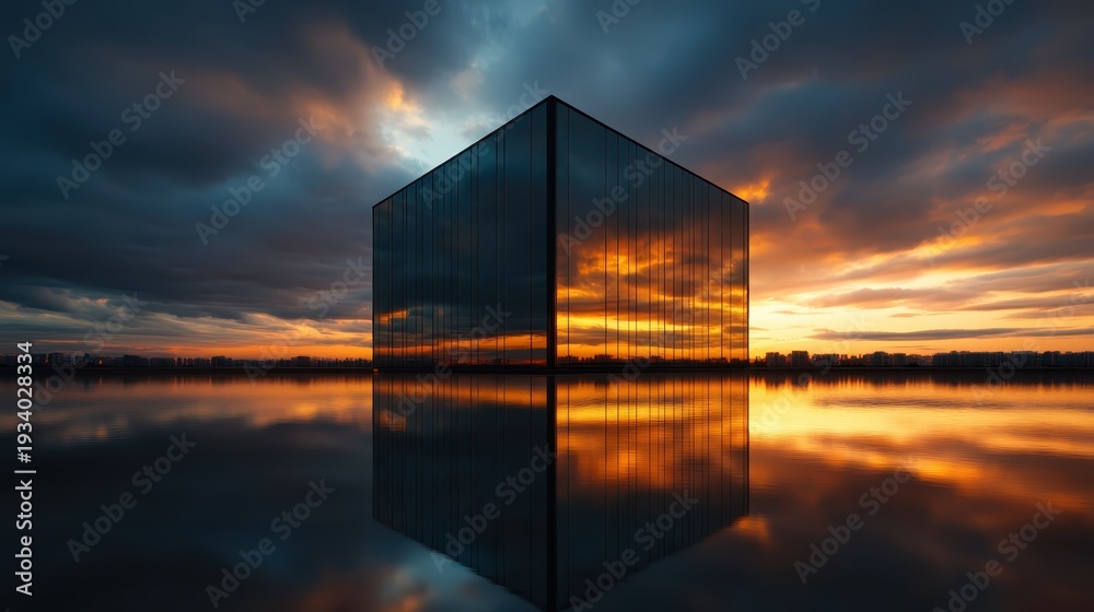Fototapeta premium A striking glass cube reflecting a vibrant sunset on still waters, symbolizing tranquility and modern architecture in a dramatic interplay of light and color.
