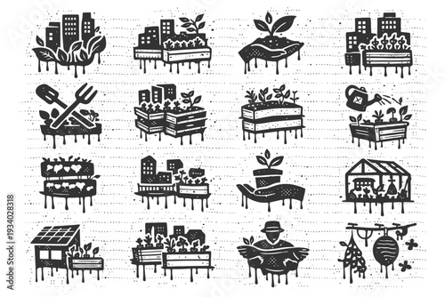 Urban gardening icons collection: sustainable city farming and eco-friendly practices.