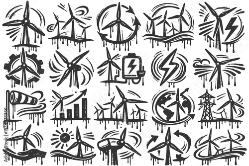Sketchy wind energy icons: turbines, electricity, globe, lightning, arrows.