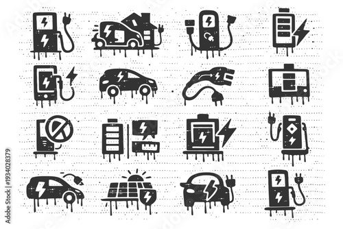 Electric vehicle charging and battery icons set with renewable energy elements.