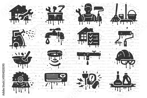Home repair and maintenance icons with tools, plumbing, and diy symbols.