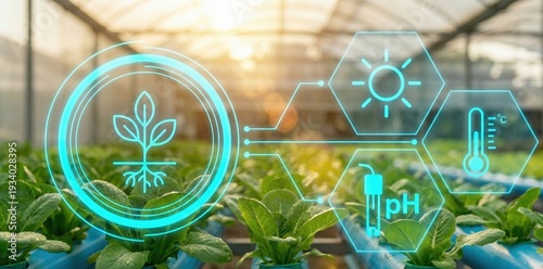 Smart Farming: Futuristic farming practices showcase technological advancements, where crops thrive under meticulously controlled conditions, monitored by digital interfaces in greenhouse cultivation.