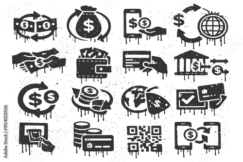 Dripping graffiti icons of money transfers and financial transactions.