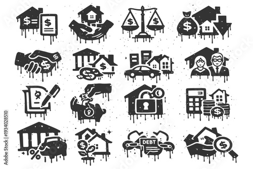 Set of grunge style real estate and financial icons with dollar signs and debt imagery.
