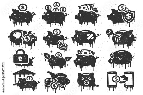Grunge piggy bank icons: money, savings, coins, security, finance symbols.