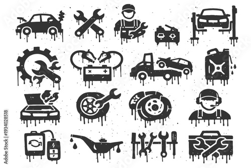 Set of automotive icons depicting tools mechanics cars and maintenance elements.