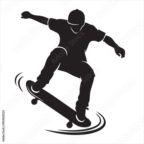 Silhouette of a man jumping on a skateboard stands out against the white background.