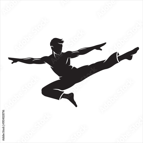 silhouette of young man jumping, Silhouette of a man practicing taekwondo. high leg kick