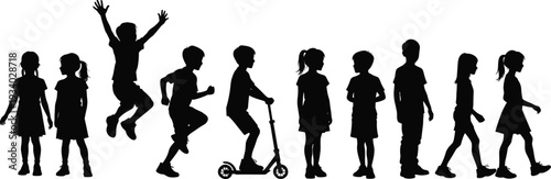 Kids silhouette set, children standing walking running jumping scooter black vector illustration isolated on white background