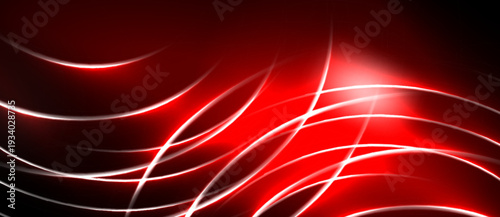 Abstract red background features glowing white lines. Dynamic curves create energy, light radiates from center. Minimalist design.