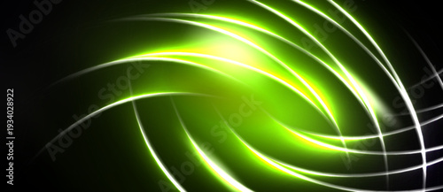 Bright green lines swirl against dark background. Light radiates from central point, creating dynamic visual effect.