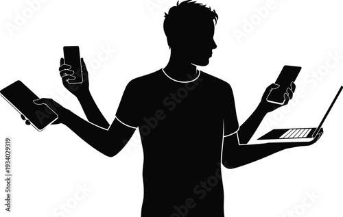 Man multitasking with smartphone tablet and laptop silhouette, modern technology communication concept isolated on white background illustration