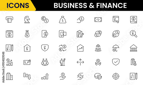 Business and Finance line icons collection. Big UI icon set in a flat design. Thin outline icons pack. Vector illustration