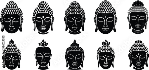 Buddha head silhouette collection, spiritual meditation faces isolated on white background for yoga zen and Buddhism design