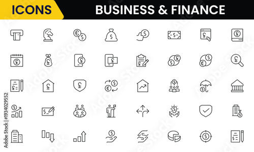 Business and Finance line icons collection. Big UI icon set in a flat design. Thin outline icons pack. Vector illustration