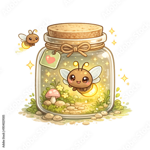 glowing firefly, magical jar, firefly in a bottle, enchanted light, bioluminescent glow, fantasy illustration, whimsical scene, night magic, soft golden light, dreamy atmosphere, fairy tale vibe, maso