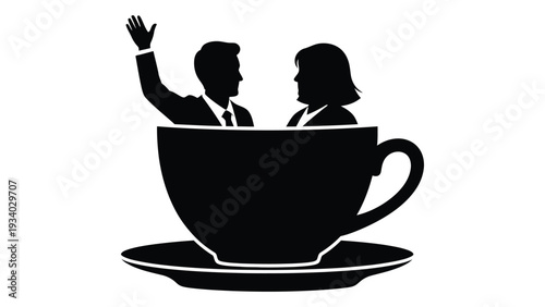 A black and white image of two people in a teacup isolated on white background, Vector