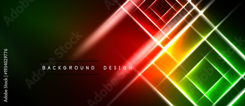 Abstract neon lines create dynamic geometric shapes. Vibrant colors blend into dark background. Modern design element.