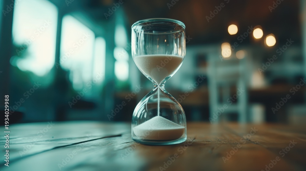 © Larisa AI - A striking image of an elegant hourglass placed on a rustic wooden table, symbolizing the passage of time and the beauty of reflection.