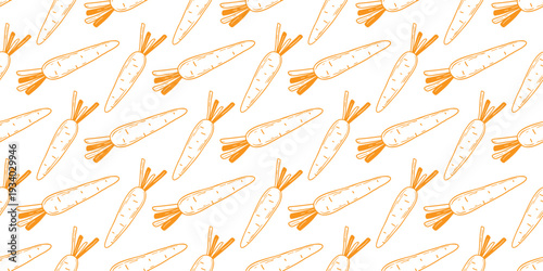 Ripe carrot root seamless pattern in doodles, sketch style. Hand drawn orange vegetable silhouette on white background. Healthy organic food print, for product packaging, paper, grocery store, vector 