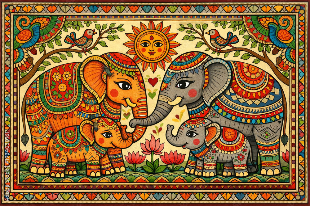 Fototapeta premium Heartwarming Madhubani art elephant family illustration, intricate tribal patterns, vibrant folk colors, Indian cultural artwork