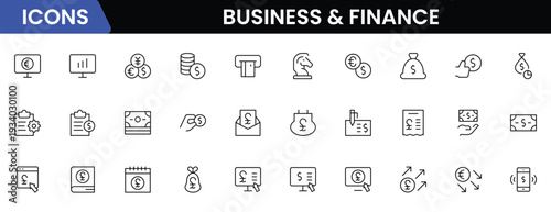 Business and Finance line icons collection. Big UI icon set in a flat design. Thin outline icons pack. Vector illustration