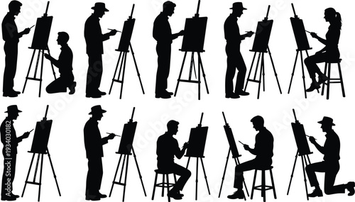 Painter silhouette collection set, artists painting on easel with canvas black vector illustration isolated on white background