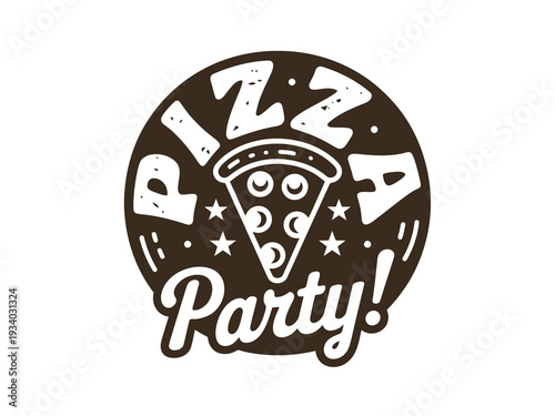 Vintage pizza party emblem with slice stars and stylized lettering