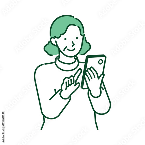 Smiling senior woman happily using a smartphone for digital communication and mobile app navigation in a clean minimalist line art style
