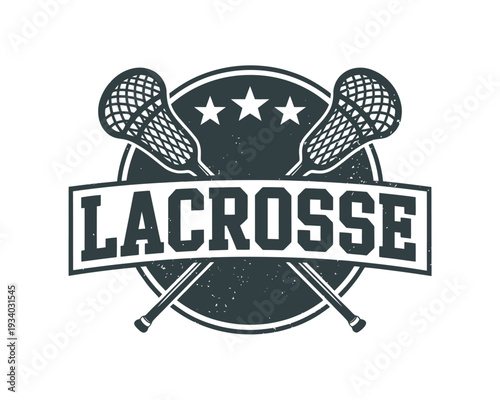 Vintage lacrosse emblem featuring crossed sticks nets and three stars