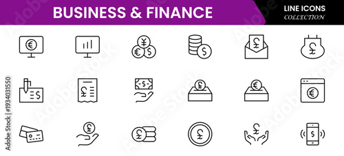 Business and Finance line icons collection. Big UI icon set in a flat design. Thin outline icons pack. Vector illustration