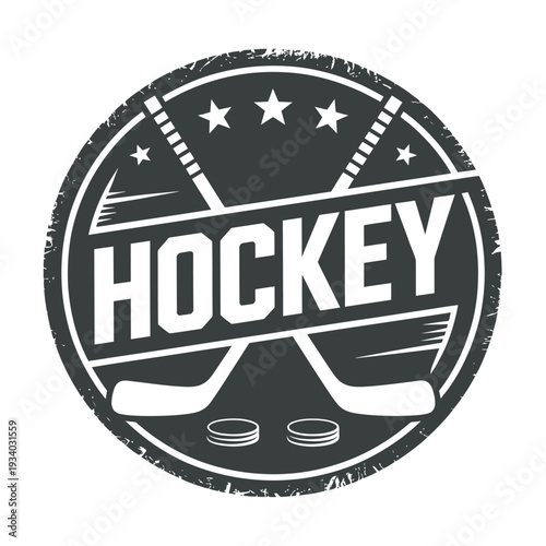 Vintage hockey emblem featuring crossed sticks pucks and a star spangled design