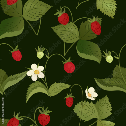 Seamless pattern with strawberries, berries, and strawberry flowers on a contrasting languid green background. Endless vector floral illustration for banners, packaging, decor, textiles, wallpapers