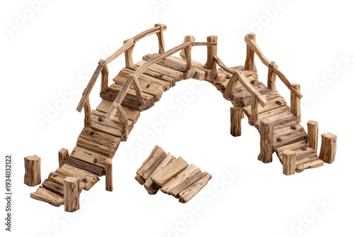 Wooden miniature bridge with arched design and handrails, detached stairs, isolated on black