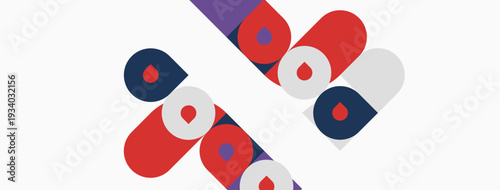 Abstract design features colorful capsule shapes. Red, purple, white elements create dynamic composition. Minimalist style, modern aesthetic.