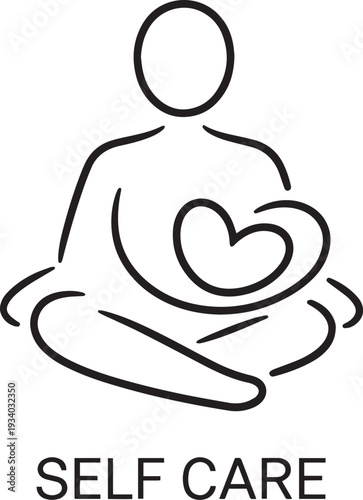 Hand drawn heart shaped hands holding a paper cut human figure for self care concept