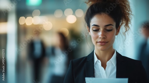 A focused professional woman reading a document in a modern office setting, reflecting dedication and concentration amidst a blurred background, representing career and ambition.