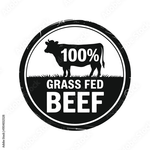 Black and white emblem showcasing 100 grass fed beef with a cow silhouette