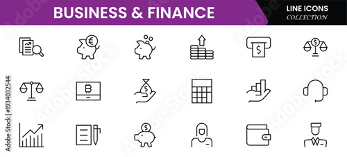 Business and Finance line icons collection. Big UI icon set in a flat design. Thin outline icons pack. Vector illustration