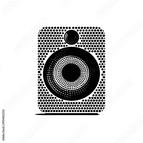 A black and white speaker illustration with a circular pattern and a dot matrix design