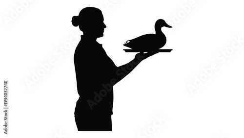 A woman holding a tray with a duck on it isolated on white background, Vector
