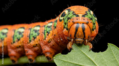 Macro photograph of a vibrant orange caterpillar with green markings eating a leaf.