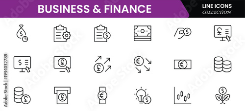 Business and Finance line icons collection. Big UI icon set in a flat design. Thin outline icons pack. Vector illustration