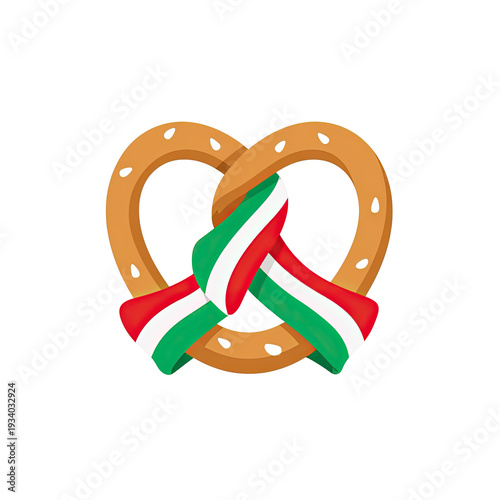 A baked pretzel with salt speckles and a ribbon in green, white and red colors